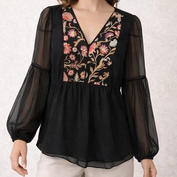 White House Black Market Tops - WHBM Embroidered Sheer Blouse XS Black Floral Boho Bell Sleeve Romantic